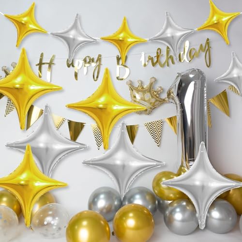 Image of Gold Silver Star Balloons,12Pcs Four Angle Star Foil Balloons | 26Inch and 10Inch Blue Gold Silver Quadrangle Star Helium Balloon for Birthday Graduations New Year Party Decorations