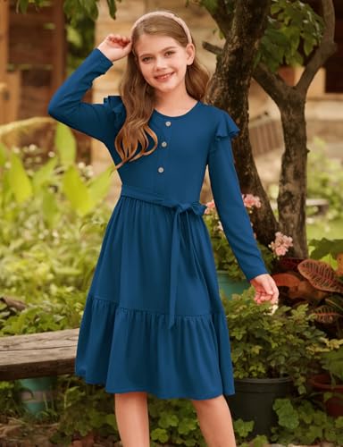 GRACE KARIN Girls Fall Long Sleeve Dress for Girl Rullfe Button Casual Flowy Tiered Dresses with Pocket 6-14Years2