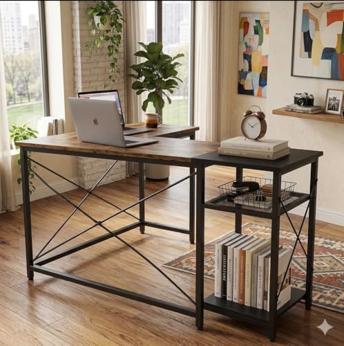 Image of Wooden Computer Table with Metal Shelves | Office Desk | Computer Desk | Kids Table for Kids Room | Office | Library | Study Room | Living Room | Finish Color - Natural Teak Finish |