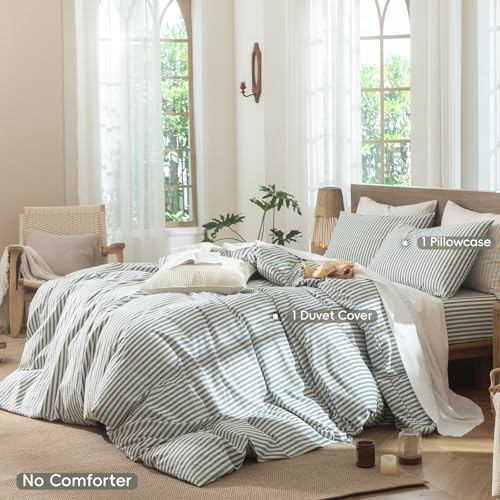 Image of MooMee Striped Duvet Cover Set 100% Washed Cotton Linen Like Twin | Relaxed Linen-like Texture. Soft, Breathable & Long-lasting Comfort. Lightweight. Hidden Zipper with 8 Interior Corner Ties
