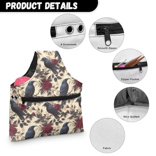 Image of ZUXONGSY Crow Yarn Storage Bag for Women Rose Knitting Project Bag Vintage Knit Wrist Bag Lightweight Crochet Organizers and Storage