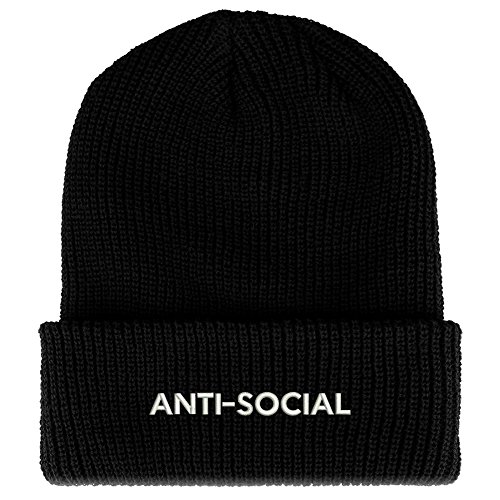 Trendy Apparel Shop Anti Social Embroidered Ribbed Cuffed Knit Beanie - Black