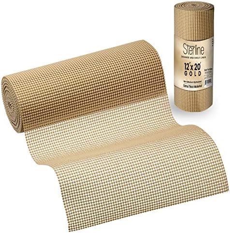 Sterline Drawer & Cabinet Shelf Liner - 12 in x 20 ft - Cut to Size, Non Adhesive, Durable, Non Slip Mat with Easy Installation, Strong Grip for Kitchen, Shelves & Bathroom Storage Organization, Gold
