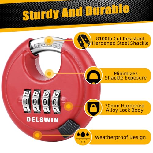 Image of DELSWIN Outdoor Combination Padlock - 4 Digit Heavy Duty Disc Lock with Hardened Shackle,Combo Padlock for Gate,Storage Unit,Fence(25 /64 inch Shackle, Red,1Pcs)