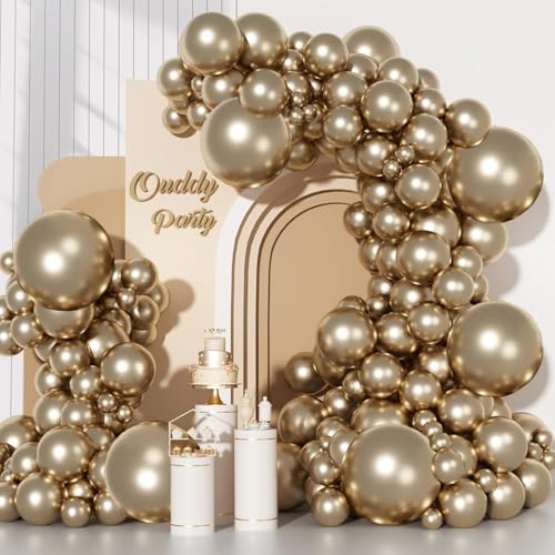 Image of Ouddy Party 129Pcs Chrome Gold Balloons Arch Garland Kit in 18 12 10 5 Inch | Different Sizes 6Pcs 18 inchChampagne Metallic Golden Balloons for Birthday Wedding Anniversary Baby Shower Party Decorations