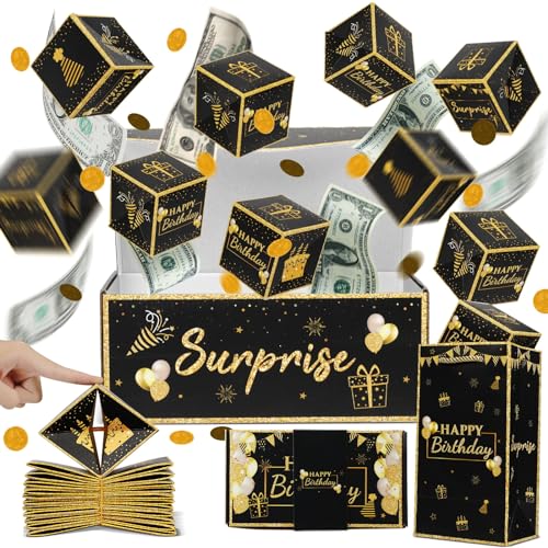Jacyan Birthday Surprise Gift Box Explosion for Money Exploding Money Gift Box for Cash Pop up Birthday Money Explosion Box Surprise Party Gift 12 Folding Bounce Boxes for Men Women Kids Black Gold
