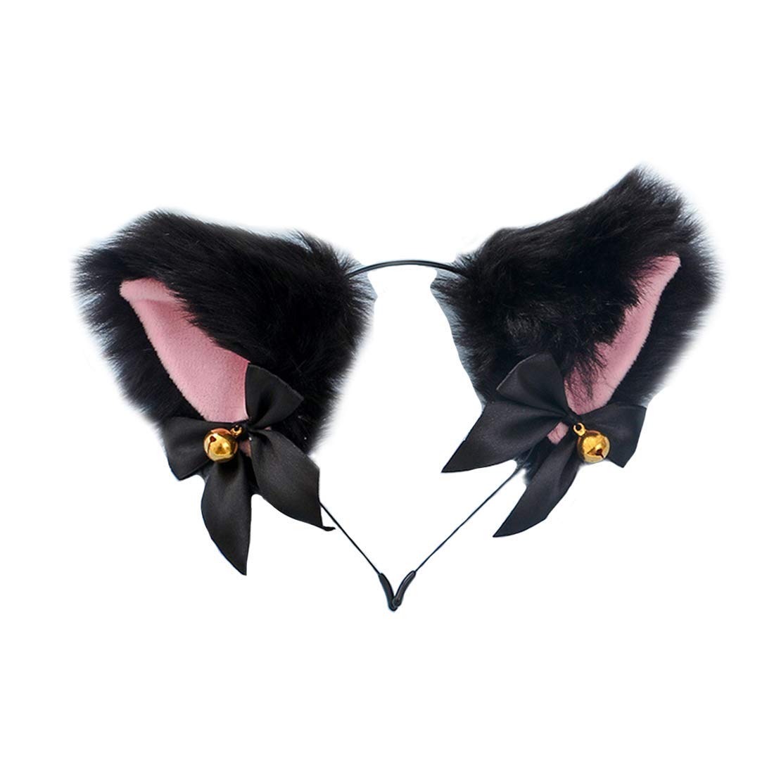 Youqin Home Animal Anime Cute Wolf Bear Cat Dog Ears Headband with Bells Bows Halloween Cosplay Costume Party Hairband Headwear Headpiece Hair Accessories for Women Girls Adult Kids (Black Pink)