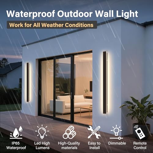 Image of Modern Outdoor Wall Light, 47.3Inch Black LED Dimmable IP65 Waterproof with Remote Outdoor Linear Wall Sconces Exterior Lighting Fixture Porch Wall Light for House, Front Door, Garage