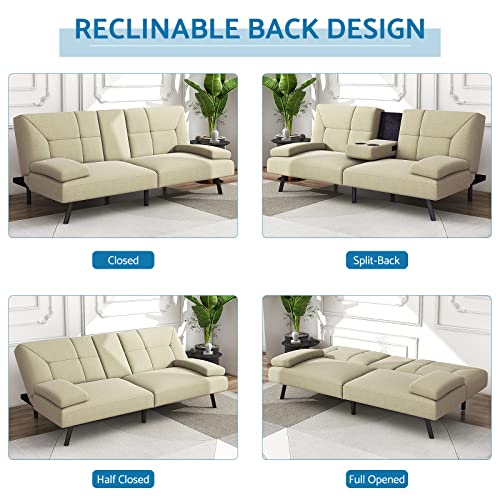 Liferecord Futon Sofa Bed Modern Linen Fabric Convertible Folding Lounge Couch Daybed For Living Room With 2 Cup Holders, Removable Soft Armrest And Sturdy Metal Leg, Khaki #TOP3