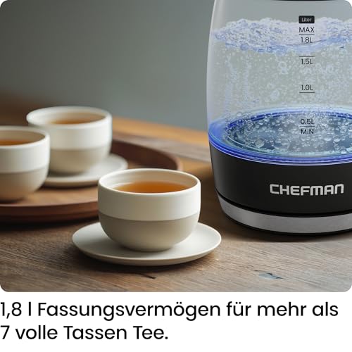 Chefman Elektrischer Wasserkocher, 1.8L 2200W, abnehmbarer Deckel, automatische Abschaltung, Trockengehschutz, Edelstahlfilter, BPA-frei, elektrische Teekanne aus Borosilikatglas