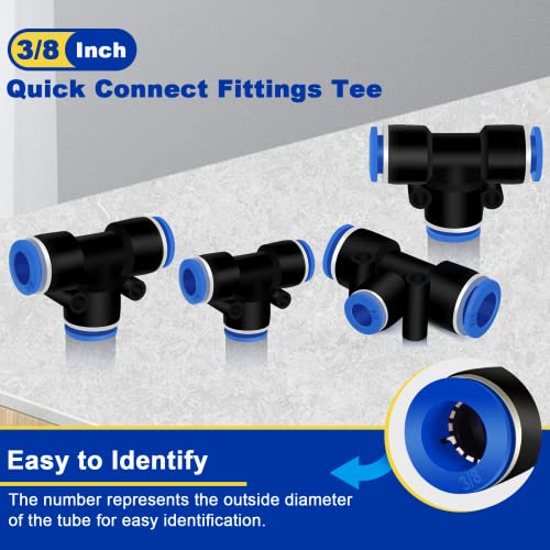 Daptemn Push To Connect Fittings 3/8 Inch Od Tee, 6 Pcs Air Line Fittings 3/8" Tee Plastic Tube Kit, Air Quick Connect Fittings 3 Way Tube Connector #TOP3