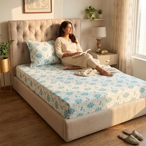 Image of Mafatlal 186 TC Grace Cotton Bedsheet for Single Bed | 154 x 228 cm | Soft, Durable & Breathable Fabric | Includes Pillow Cover | Blue Grass