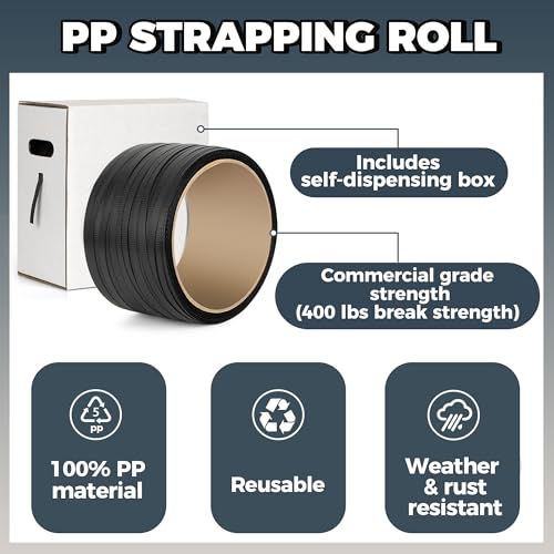pp strapping banding roll - 1000ft x  standard pp strapping roll - banding strapping kit amp pallet strapping kit - 400lb break strength - includes pp strapping roll amp self-dispensing box