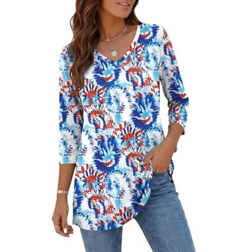Rapbin Tunic Tops for Women Loose Fit Dressy 3/4 Sleeve V Neck T Shirts Spring Tops for Women 2026 Red Blue Floral X-Large