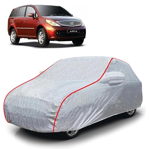 Image of Sulfar 100% Waterproof Car Body Cover Compatible with Mirror for Tata Aria (Triple Stitched, Full Bottom Elastic, Magic Silver with Red Piping)