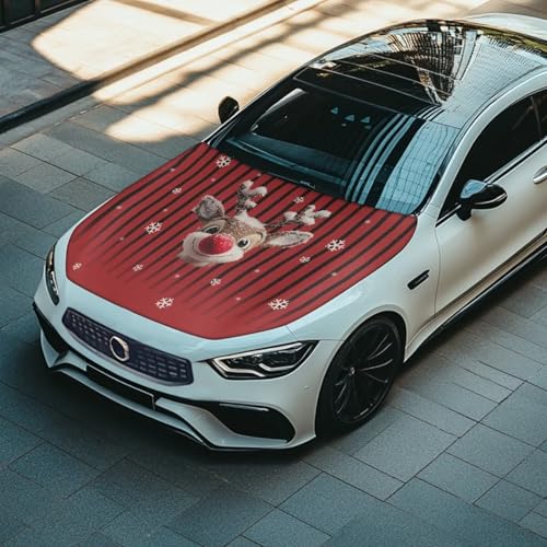 Image of Christmas Deer Prints Car Hood Cover Stretch Polyester Protector for Car Hood Removable Automotive Accessories Easy Installation for Christmas Decoration and Gifts