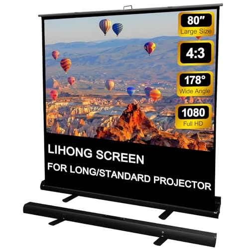 LIHONG Floor Rising Projector Screen Indoor & Outdoor Portable Matte White Projection Screen for Long Standard Projector Fast Setup for Movies, Office Presentations & More (80 inch/4:3)