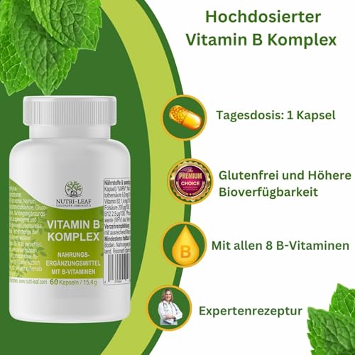 Vitamin B Komplex hochdosiert mit B12 B6 Folsäure B1 und allen 8 B Vitaminen für Energie Nerven geistige Leistung ohne unnötige Zusatzstoffe Kapseln Made in Germany von NUTRI LEAF