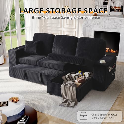 Image of 90 Inch Modular Sectional Sleeper Sofa Bed, 4 in 1 Pull Out Couch Bed with Reclining Backrest | Reversible Storage Chaise | Wide Armrest | Tool Free Assembly, Chenille Fabric, Corduroy Black