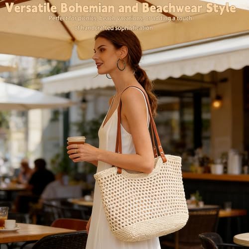Bolso de playa tejido a ganchillo, bolso tote bohemio con forro impermeable para vacaciones de verano, bolso casual suave con correa para hombro para mujeres miniatura 2