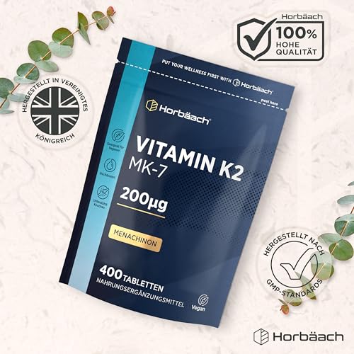 Vitamin K2 MK7 | 400 Vegane Tabletten | Hochdosiert 200ug Menachinon MK-7 | Vitamin K Präparate | Alternative zu Tropfen | von Horbaach