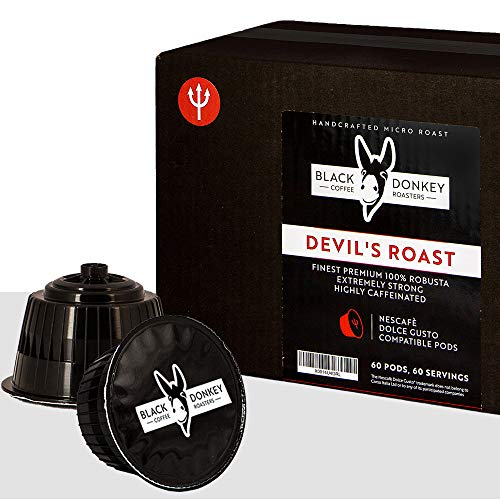 DEVIL'S ROAST ? Extra-Strong Highly Caffeinated Bold Coffee ? 60 Dolce Gusto Compatible Pods ? 100% Premium Robusta by Black Donkey Coffee Roasters
