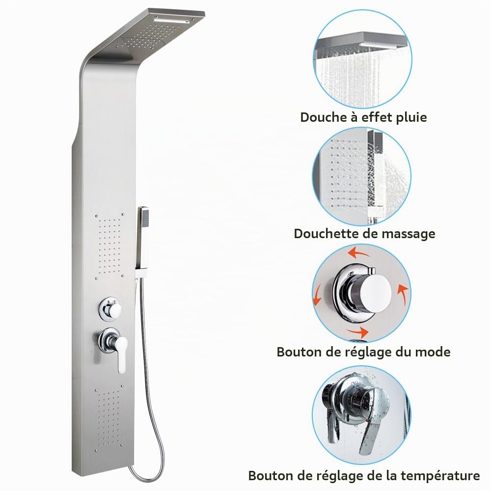 Système De Douche Thermostatique Avec Douche Et Cascade,Colonne douche en acier inox, douche à pluie, douche de massage et douche cascade pour salle de bain-15 * 47 * 130cm-acier inoxydable