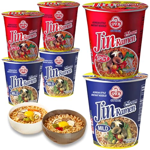 BOX OF LIFE Ottigi JIn Ramen Small Cup 2 Flavor Combo Mild (65g) x 3, Spicy (65g) x 3, Korean Instant Cup Noodle