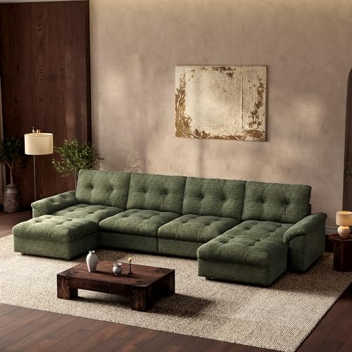 Image of Oversized Modular Sectional Sofa with Storage, Modern Deep Seat Cloud Couch for Living Room, L-Shaped Large Sectional Couch, 4 Seater with 2 Ottomans, Green