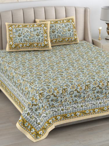 Image of 300 TC 100% Pure Cotton Bedsheet for Double Bed King Size (90x108) inch, Jaipuri Print Double Bedsheet Cotton with 2 Pillow Covers, Sanganeri Printed Flat Bed Cover