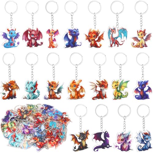 Neptniopllab Dragon Keychain Pack, 24 Pieces Acrylic Dragon Birthday Decorations