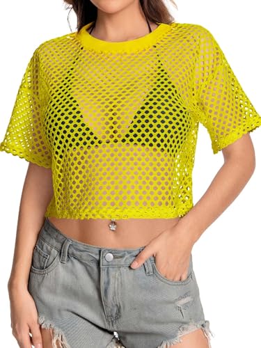 Image of Women's Mesh Top Fishnet T Shirts Sheer Loose Short Sleeve See Through Crop Tops, Lemon Yellow, L