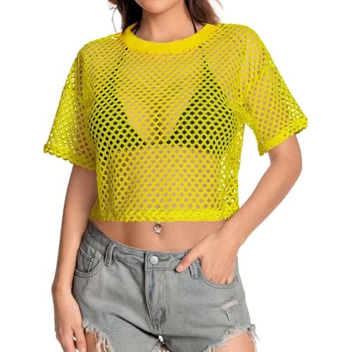Women's Mesh Top Fishnet T Shirts Sheer Loose Short Sleeve See Through Crop Tops(Lemon Yellow,M)