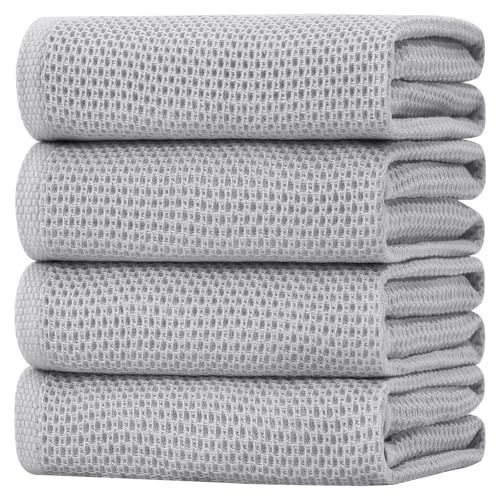 Image of Homaxy 100% Cotton Oversized Waffle Weave Kitchen Dish Towels, Ultra Soft Absorbent Quick Drying Cleaning Towel, 20 x 28 Inches, 4-Pack, Light Gray