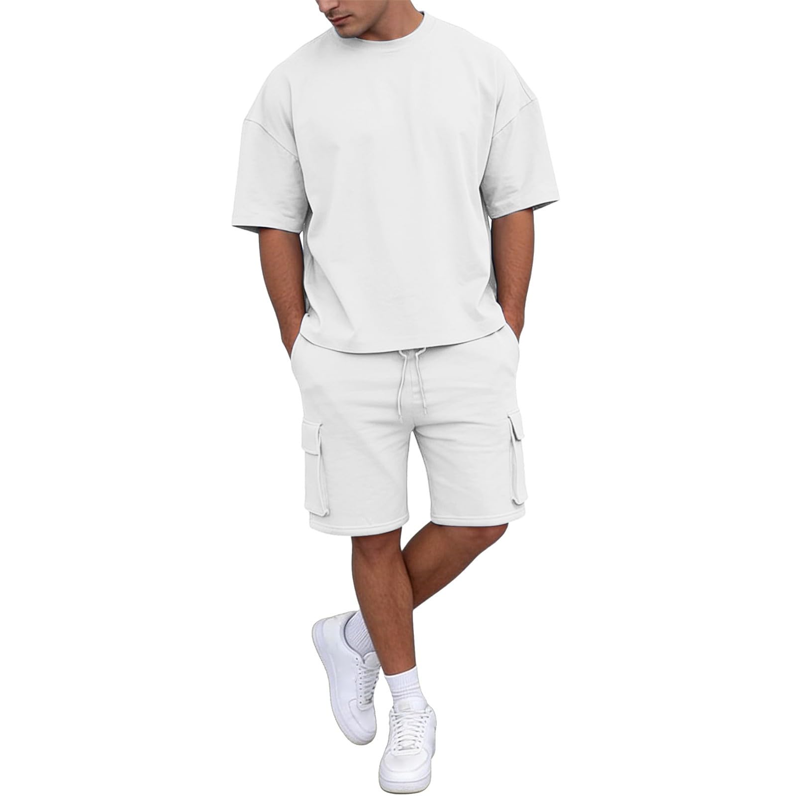 Generico Tuta Uomo Estiva Completo Uomo Casual 2 Pezzi, Maglietta a Maniche Corte e Pantaloncini Cargo, Outfit Uomo Estate Comodo per Viaggi, Passeggiate e Quotidiano