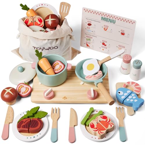 Image of Wooden Play Kitchen Accessories Pretend Toy Pots and Pans Sets for Kids Kitchen Playset with Toy Stove Toddler Cooking Sets Food Toys for Toddlers 3-5 Gifts for Girls Boys (Wooden Cooking Set)