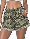 HVEPUO Camo Jean Shorts for Women High Waisted Summer Beach Drawstring Fringe Hem Y2k Pull On Lounge Denim Shorts with Pocket Camo Green M
