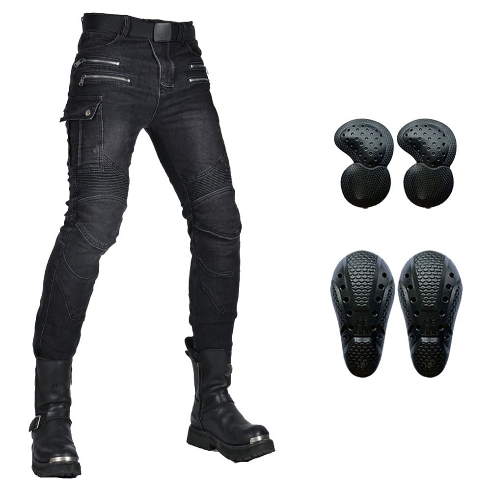 DYRBF męskie i damskie dżinsy motocyklowe stretch slim fit spodnie dżinsowe ze zdejmowanymi podkładkami ochronnymi na kolana i biodra