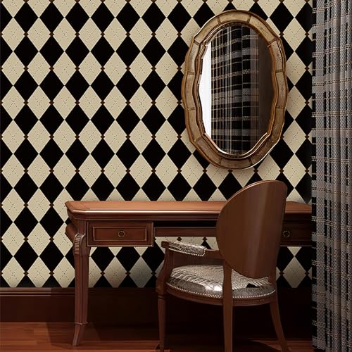 Simon&Siff Retro Checkered Peel and Stick Wallpaper Black and White Cream Wallpaper Vintage Plaid British Geometric Wall Paper for Bathroom Kitchen Cabinet Contact Paper 17.3'x78'