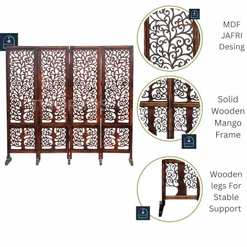 Image of Wooden Room Partition /Screen /Room Divider /Room Separator Traditional Handicrafts 6Ft (Dark Brown) (Tree 4 Panel with Stands)