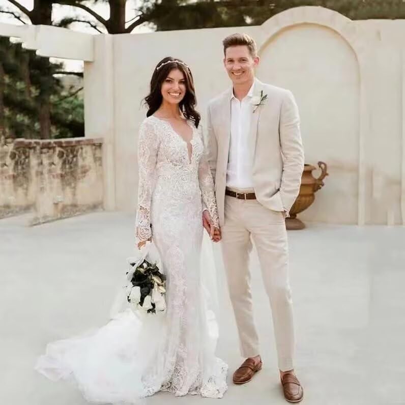 Linen Suit for Men Casual Slim Fit 2 Piece Suits Summer Beach Wedding Groomsmen Suits Blazer Pants Set3