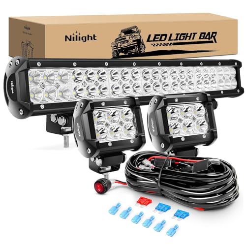 Nilight - ZH002 20Inch 126W Spot Flood Combo Off Road Led Light Bar 2PCS 18w 4Inch LED Pods with 16AWG Wiring Harness Kit-3 Lead for Tractor, 2 Years Warranty