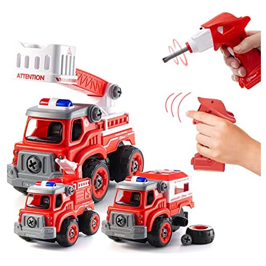 Top Race Firetruck Toy with Battery Powered Drill – Heavy Duty 3-in-1 Take Apart Truck and Remote Control – Easy to Assemble Toy Firetrucks for Kids (Ages 3 and Older)