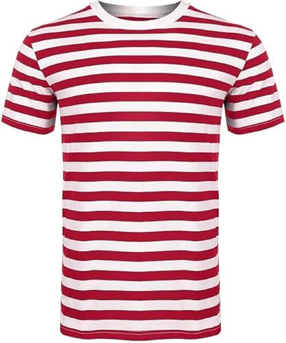 Mens Womens Red & White Striped T-Shirt, Casual Unisex Red Black Blue and White Crew Neck Short Sleeve Stripes Dailywear Summer Book Week Top Adults UK Size S-XXL, Red/White-Large