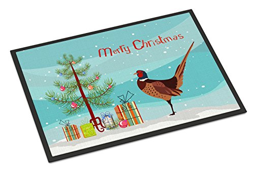 Caroline's Treasures BB9297MAT Ring-Necked Common Pheasant Christmas Doormat 18x27, Teal Front Door Mat Indoor Outdoor Rugs for Entryway, Non Slip Washable Low Pile, 18H X 27W