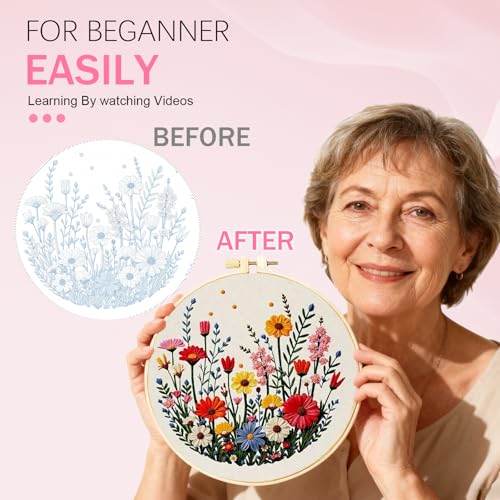 Image of Huacan Embroidery Kit Flower Pattern Practice Kit, Including Instructions, Embroidery Hoop, Cloth, Needles and Thread for DIY Craft