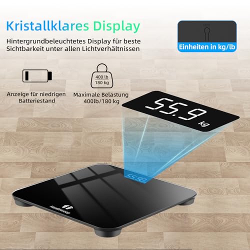 Healthkeep Personenwaage Digital mit LED-Display, Körperwaage mit Hochpräzisions-Sensoren, Präzise Digitale Waage Personen aus Sicherheitsglas bis 180kg, Schwarzes Glas Große runde Ecke 26 * 26cm