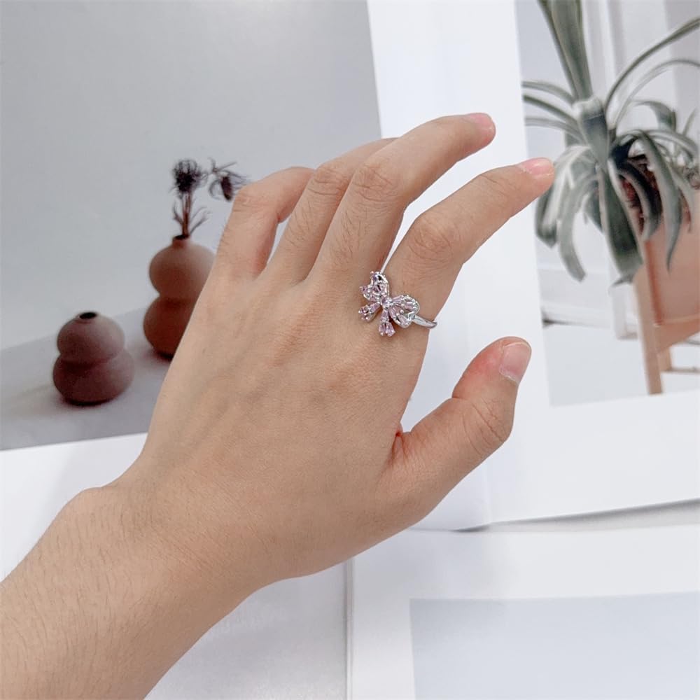 Pink Crystal Bow Ring for Women Ladies Elegant Bowknot Engagement Statement Classic Love Knot Promise Rings Cubic Zirconia CZ Wedding Band Open Adjustable Stacking Rings Eternity Jewelry for Her