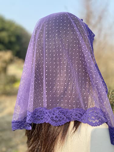 FANFAN Purple Lace Triangle Chapel Veil - Mantilla for Church Mass, Advent, Weddings & Funerals, Lightweight Religious Veil in Easter/Christmas & Mother’s Day (Purple)
