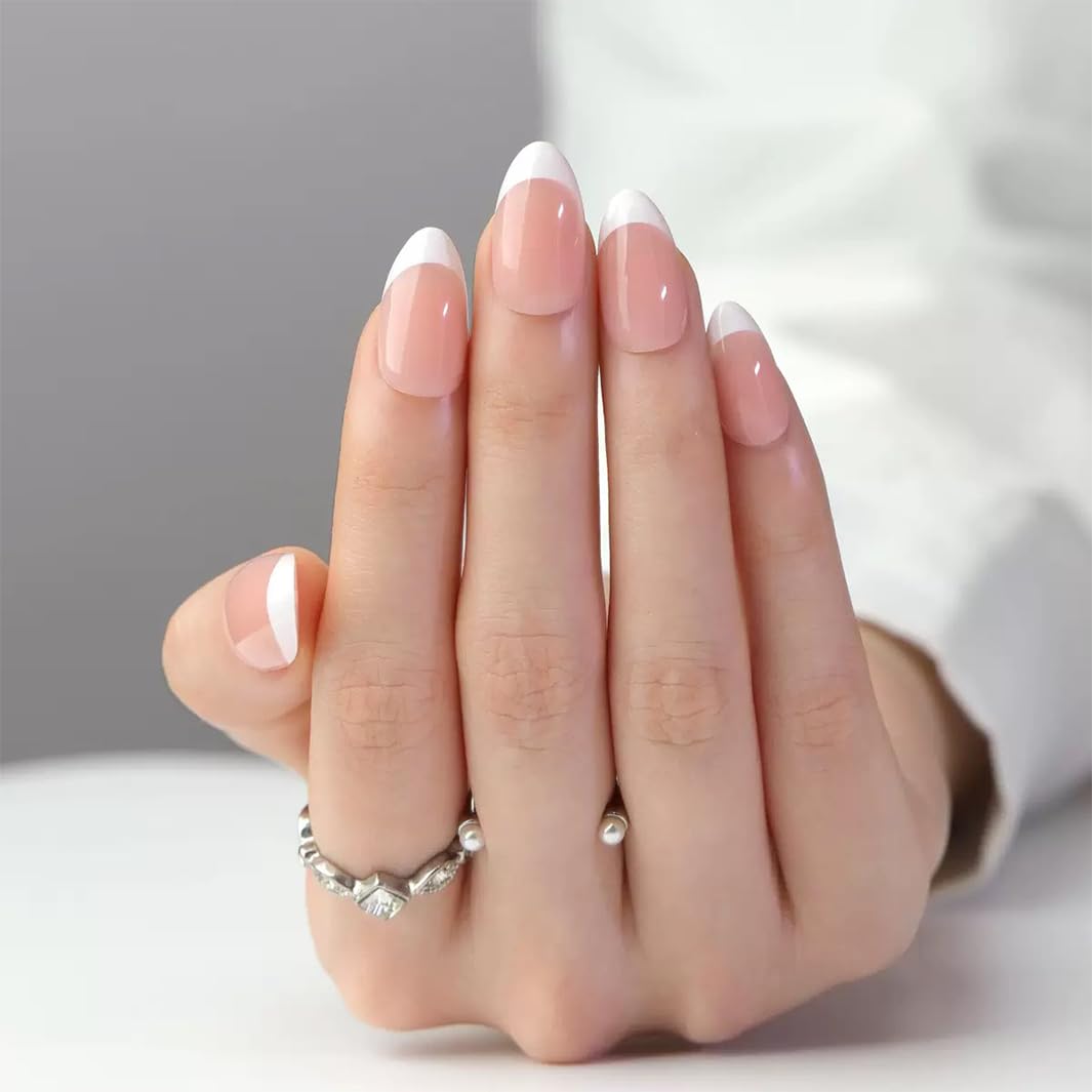 French False Nails, Short Oval French White Pointed False NailSet, Nude Pink False Nails Short Style